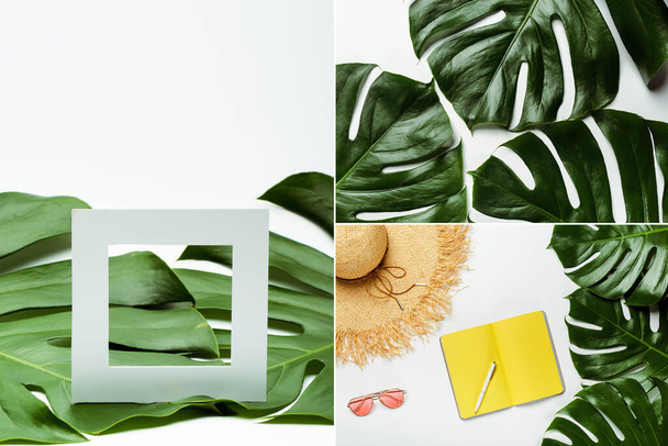 collage of green palm leaves, summer accessories and yellow planner on white background - Foto, imagen