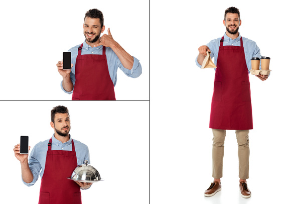 Collage of smiling waiter holding smartphone, paper bag and paper cups and tray with cloche on white background - Photo, Image