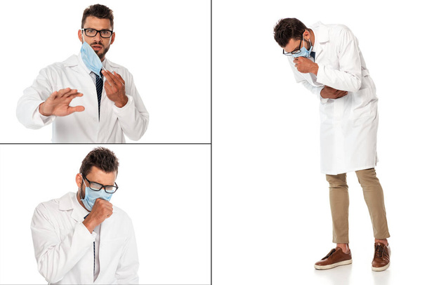 Collage of scared and diseased doctor in medical mask on white background - Photo, Image