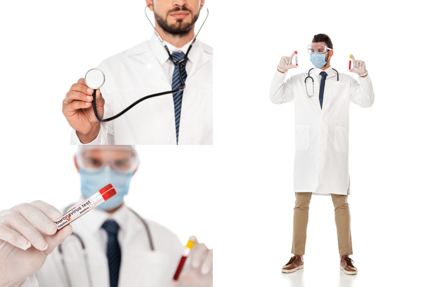 Orvosi maszk és védőszemüveg kollázsa, amely fehér alapon vérmintákkal ellátott kémcsöveket tart - Fotó, kép