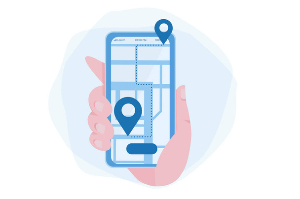 スマートフォン、 GPSナビゲーションアプリで手。地図を入手指示を。ウェブバナー、インフォグラフィック、モバイル用ベクトルイラスト.  - ベクター画像