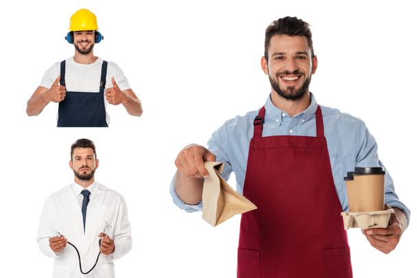 Collage de camarero sonriente con café para llevar y bolsa de papel, médico sosteniendo estetoscopio y obrero mostrando pulgares hacia arriba aislado en blanco
 - Foto, imagen