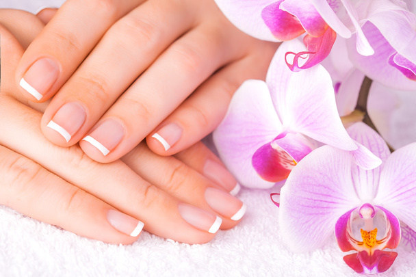 Bela manicure com orquídea rosa no branco
 - Foto, Imagem