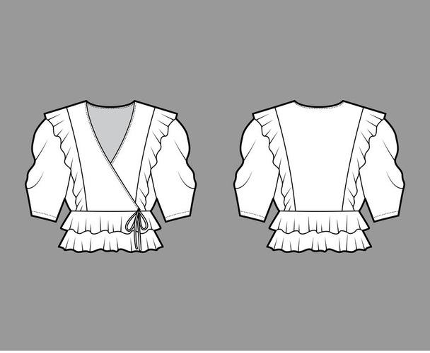  Ruffled wrap blouse technical fashion illustration with peplum hem, elbow volume sleeves. - Vector, Image