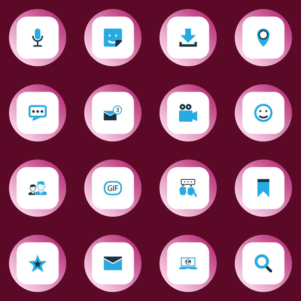 Sociální ikony barevný set s video chat, pinpoint, dialog a další oblíbené prvky. Izolované ilustrační sociální ikony. - Fotografie, Obrázek