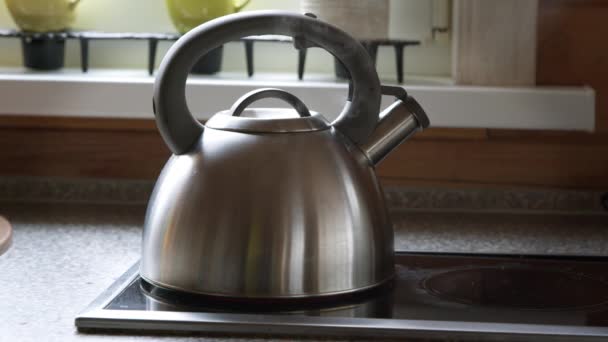 Close up boiling kettle on an electric stove on kitchen, steam coming out - Footage, Video