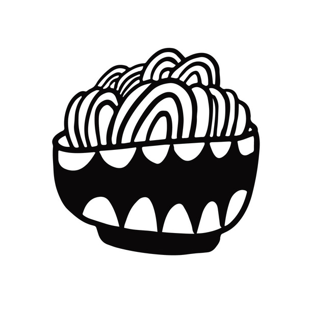 Doodle illustration vectorielle dessinée à la main d'un joli bol noir de nouilles décorées d'ornements. Isolé sur fond blanc. - Vecteur, image