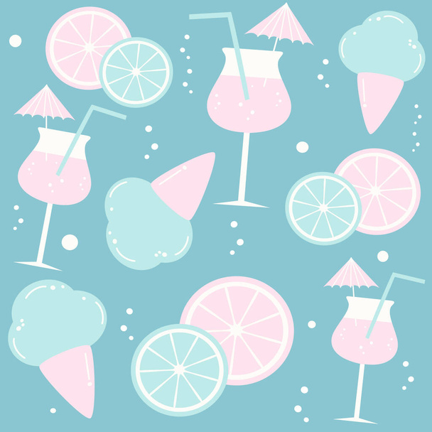 Cute kolorowe modne lato bezszwowe wektor wzór tła ilustracja z plasterkiem leomona, koktajle i stożek lodów - Wektor, obraz