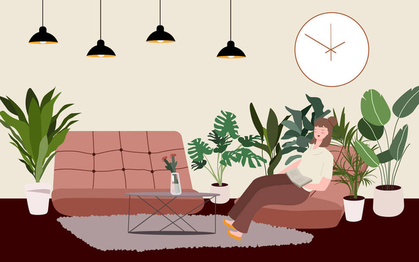 Frau las Buch sitzend auf Sofa hängende Lampe Wanduhr und viele Zierpflanzen in der Nähe mit flachen Cartoon-Stil. - Vektor, Bild