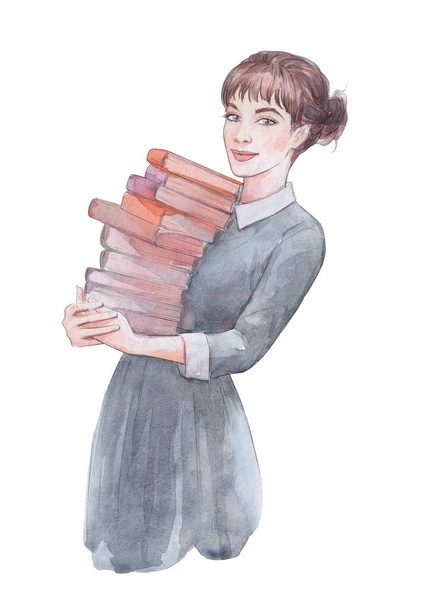 una chica con libros acuarela arte
 - Foto, imagen