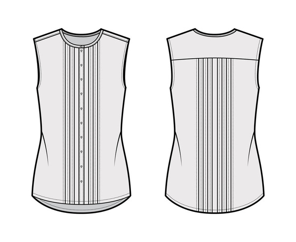 Pintucked μπλούζα τεχνική απεικόνιση της μόδας με το λαιμό του πληρώματος, αμάνικο, oversized σώμα, μπροστά κουμπώματα κουμπί.  - Διάνυσμα, εικόνα