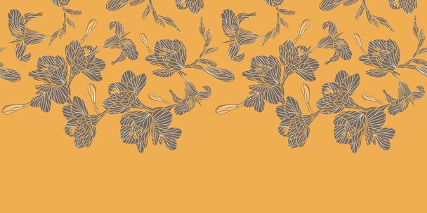 Freesia flowers. Vector pattern with blooming flowers in a warm colour combination. Seamless horizontal border ideal for wallpaper, interior and summer fashion textiles. - Vektör, Görsel