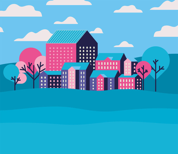 雲と木のベクトルデザインと紫の青とピンクの都市の建物の風景 - ベクター画像
