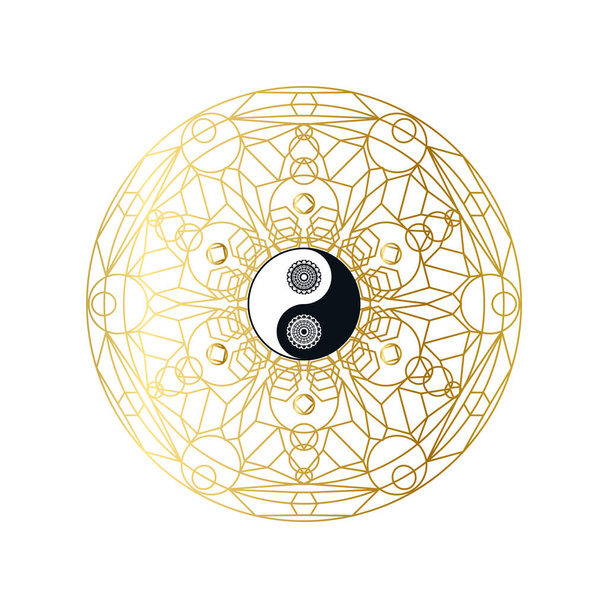 Shiny Golden Mandala with Yin Yang Sign, Isolated Template Vector Illustration for Yoga Meditation Center, Eastern Traditional Beauty Salon Чудова ознака концепції духовної гармонії - Вектор, зображення