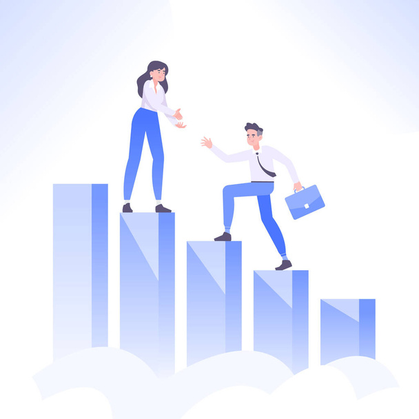 Helping hand concept. Businesswoman helps to businessman to climb stairs. Giving a helping hand to colleague, teamwork and cooperation concept, vector illustration - Vector, Image