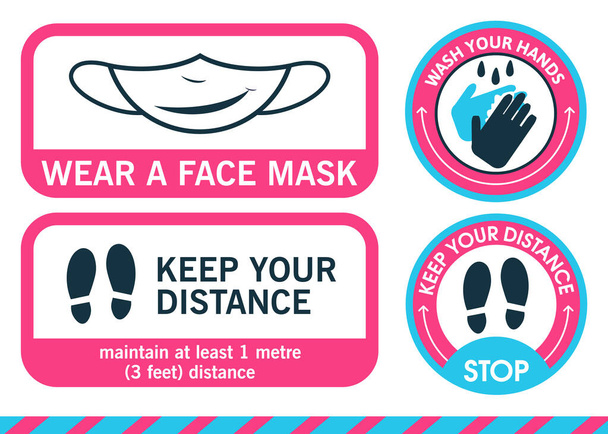 Banner sign. Sticker Wear a face mask. Foot sticker in circle Keep your distance. Wash your hands. Maintain distance mark. To prevent coronavirus, pandemics, covid-19 or other viruses - Vector, Image