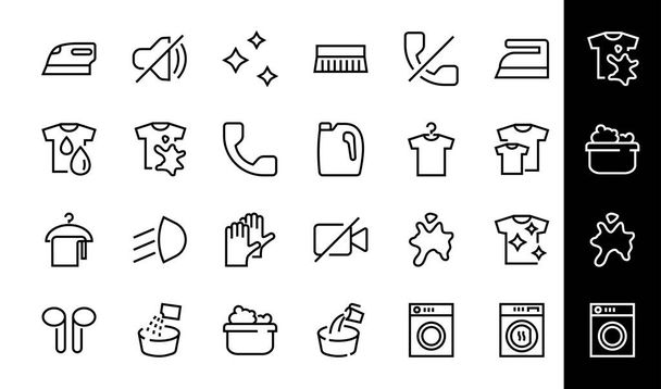 Conjunto simples de ícones de linha vetorial relacionados à lavagem. Contém ícones como máquina de lavar roupa, pó, lavanderia, camiseta suja e muito mais. Em um fundo branco, curso editável. 48x48 pixels perfeitos - Vetor, Imagem