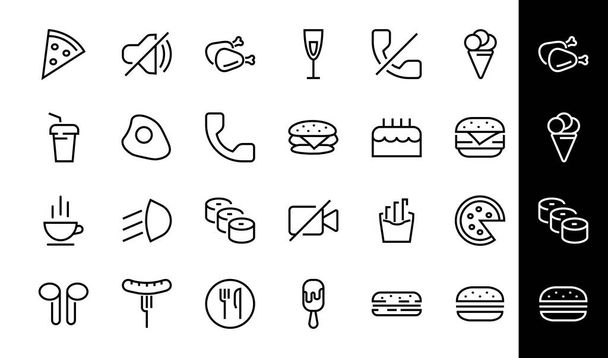 A simple set of fast food icons related to the vector line. Contains icons such as pizza, burger, sushi, bike, scrambled eggs and more. EDITABLE stroke. 480x480 pixels perfect, EPS 10 - Vector, Image