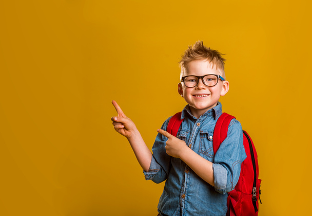Back to school. Funny little boy in glasses pointing up on blackboard. Child from elementary school with book and bag. Education - Foto, Imagem