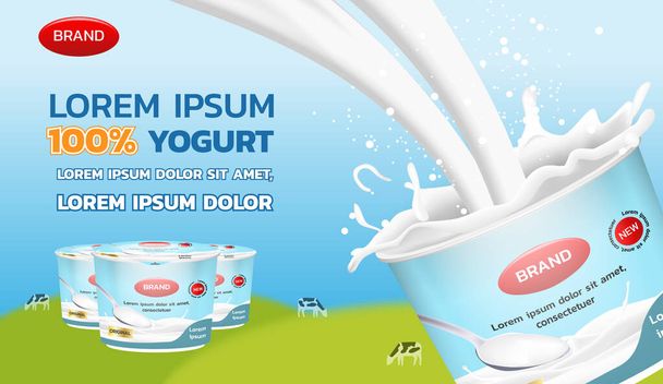 Pubblicita 'di yogurt. Versare il latte con le tazze di yogurt - Vettoriali, immagini