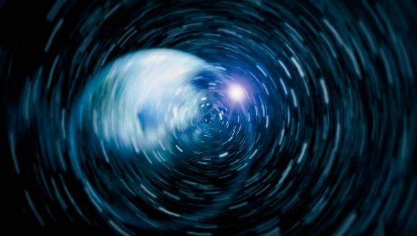 Espaço Viajando na Velocidade da Luz. Abstract of warp or hyperspace motion in blue star trail
. - Foto, Imagem