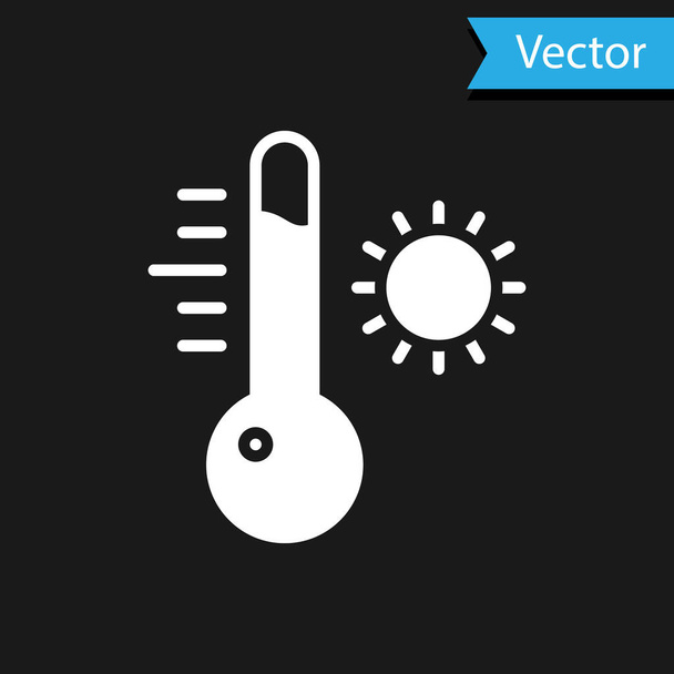 Fehér Meteorológiai hőmérő ikon elszigetelt fekete alapon. Hőmérő berendezés, amely meleg vagy hideg időjárást mutat. Vektorillusztráció. - Vektor, kép