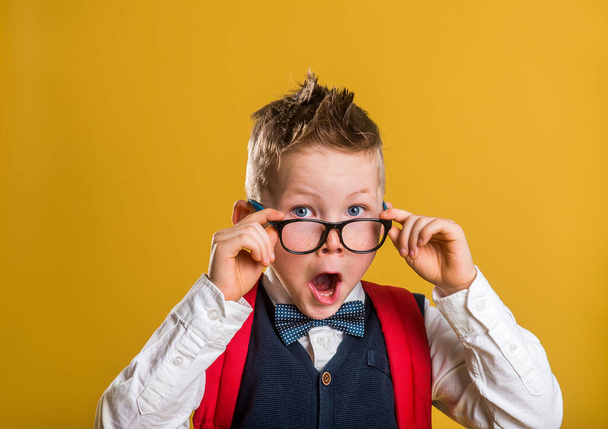 funny little boy surprised. Back to school. Kid in glasses with funny face. - Foto, Imagem