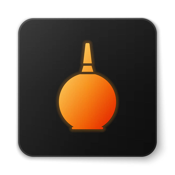 Orangefarbenes, leuchtendes Neon Enema Symbol isoliert auf weißem Hintergrund. Klistier mit einer Plastikspitze. Medizinische Birne. Schwarzer quadratischer Knopf. Vektorillustration. - Vektor, Bild