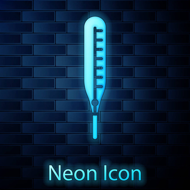 Termometro medico fluorescente al neon per l'icona di esame medico isolato su sfondo muro di mattoni. Illustrazione vettoriale. - Vettoriali, immagini