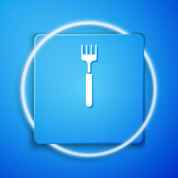 White Fork icon isolated on blue background. Cutlery symbol. Blue square button. Vector Illustration. - Vetor, Imagem
