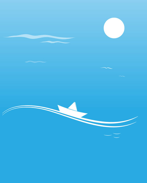 Paper boat on a wave romantic blue card vector image - Διάνυσμα, εικόνα