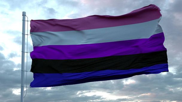 Genderfluidity Pride Flag şehri rüzgarda sallanıyor güzel bulutlara karşı gökyüzü. 3d oluşturma - Fotoğraf, Görsel