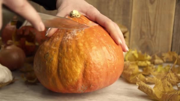 Woman is holding the pumpkin and making cuts at its top with the knife - Filmagem, Vídeo