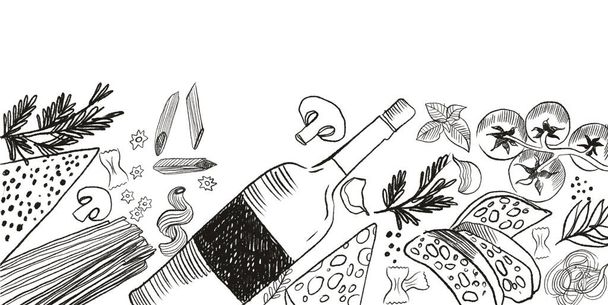 Ручний малюнок з пляшки вина, макаронів і свіжої харчової верхівки. Італійська їжа і напої шаблон меню на дошці. Італійська кухня вінтажний ескіз для доставки, піцерія, фаст-фуд. - Фото, зображення