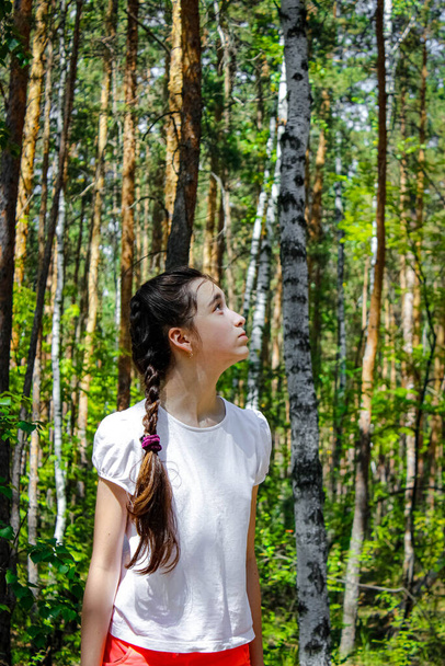 Piękna nastolatka z długim warkoczem w lesie mieszanym spogląda na drzewa. Rama pionowa. - Zdjęcie, obraz