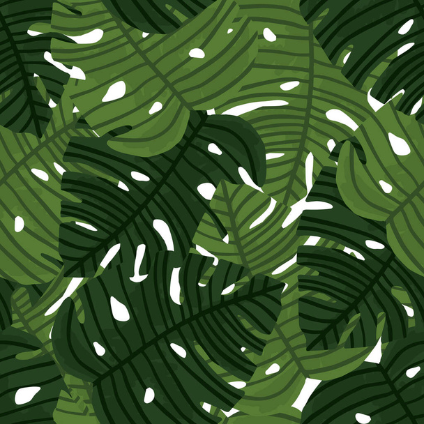 Zufällige nahtlose Muster mit grünen Monsterblättern auf weißem Hintergrund. Vektorillustration. Perfektes Design für Tapeten, Geschenkpapier, Kinderbekleidung, Textilien, Stoff. - Vektor, Bild
