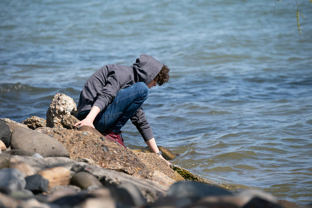 Людина в парку з озерною водою, Гаррісон Тауншип, Мічиган, США, 10 травня 2020 року, під час Ковід - Фото, зображення
