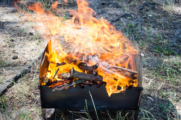 Пожежа горить на грилі, на пікніку в лісі або в парку
 - Фото, зображення