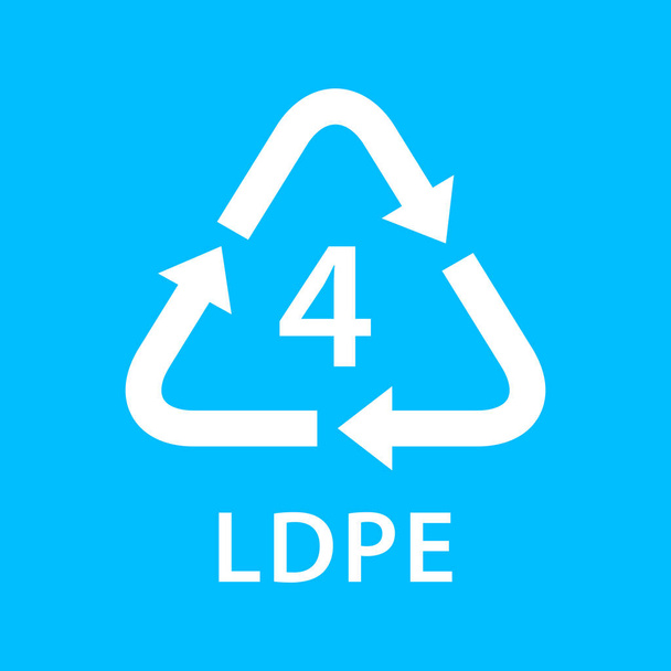 reciclar triángulo de flecha LDPE tipos 4 aislado sobre fondo azul, simbología logotipo de cuatro tipos de materiales de plástico LDPE, reciclar triángulo tipos icono gráfico, reciclar icono de ecología de plástico
 - Vector, imagen