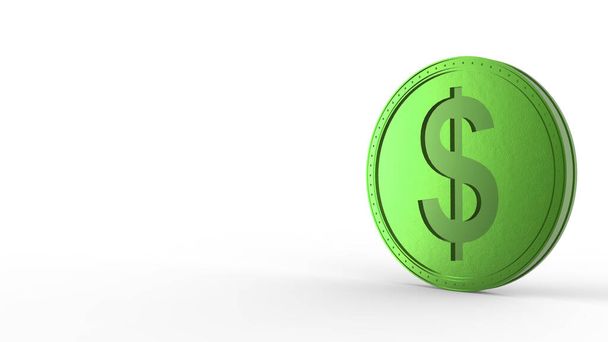 Vihreän dollarin kolikko Eristetty valkoisella taustalla. 3d tehdä erillinen kuva, liiketoiminta, hallinta, riski, raha, käteinen, kasvu, pankki, rahoitus, symboli. - Valokuva, kuva