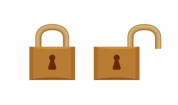 padlock in locked and unlocked isolated on white, brown padlock for clip art, key lock shape for icon cute, icon of key lock and unlock key - Vector, Image
