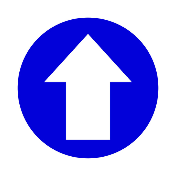 Pfeil nach oben weiß im Kreis blau für Icon flach isoliert auf weiß, Kreis mit Pfeil nach oben für Button-Interface-App, Pfeilzeichen des nächsten oder Download-Upload-Konzepts, Pfeil einfaches Symbol für Richtung - Vektor, Bild