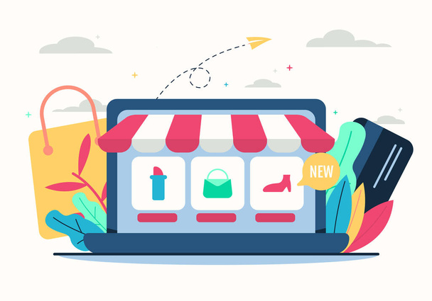 ilustracja sklepu internetowego w konstrukcji płaskiej - koncepcja e-commerce - Wektor, obraz