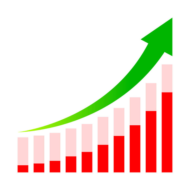 gráfico de negócios e progresso de seta verde isolado em branco, seta verde apontando para cima sobre gráfico de barras gráfico, gráfico diagrama de ilustração para o sucesso do lucro crescer conceito, gráfico gráfico ícone de barra de gráfico do relatório financeiro
 - Vetor, Imagem