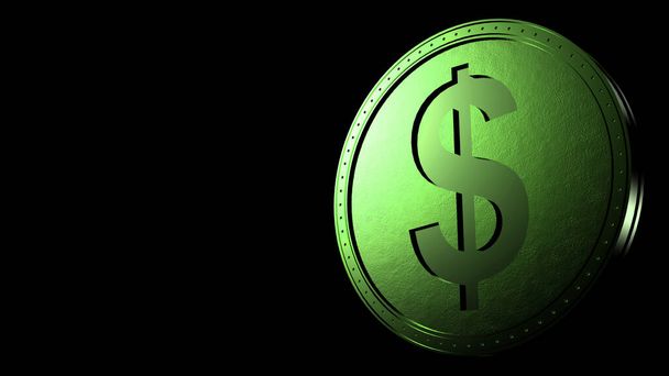 Zielona moneta dolarowa izolowana czarnym tłem. 3d renderować izolowane ilustracja, biznes, zarządzanie, ryzyko, pieniądze, gotówka, wzrost, bankowość, bank, finanse, symbol. - Zdjęcie, obraz