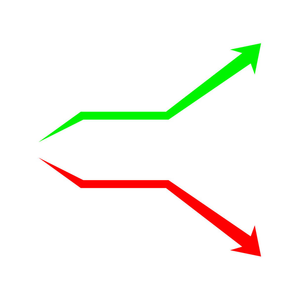 Yeşil ok yukarı ve kırmızı nokta aşağı beyaz zemin üzerinde izole edilmiş, grafik kırmızı yeşil ok düz sembol, ok klipsli sanat için işaret ediyor, iş ve finans grafiği için illüstrasyon ok logosu - Vektör, Görsel