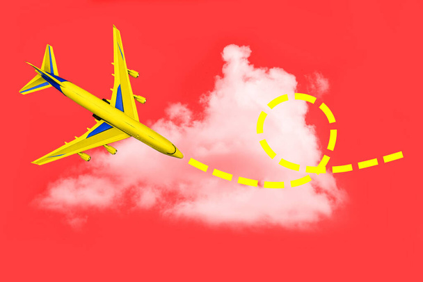 空の旅客機と雲の中に点線。航空機の飛行経路。旅行、小包配達、観光の概念。創造的なミニマルスタイル. - 写真・画像