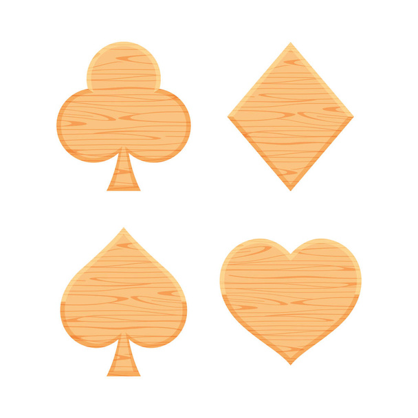 картковий костюм значок дерев'яний ізольований на білому тлі, символ карткових клубів діамантів форма сердець і піків, дерев'яний знак клубу діамантове серце і лопатка, ілюстрація дерев'яний набір карт
 - Вектор, зображення