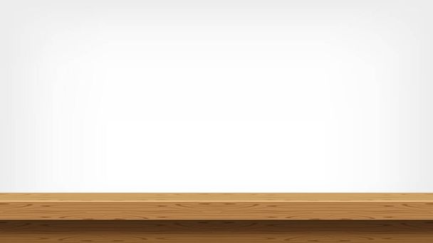 деревянная доска пустой вид спереди для фона и копирования пространства, пустой стол верхний деревянный коричневый для украшения комнаты, винтажная деревянная доска для заднего плана, деревянный стол на серой стене, стол деревянная доска вид спереди - Вектор,изображение
