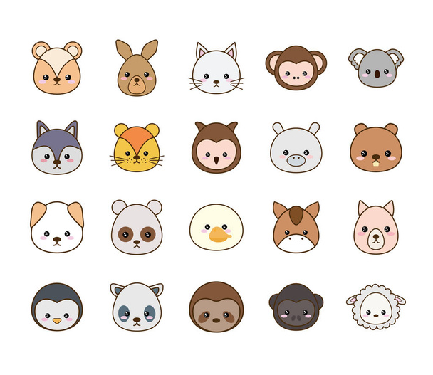 Cute kawaii animals cartoons line and fill style icon set vector design - Vector, Imagen